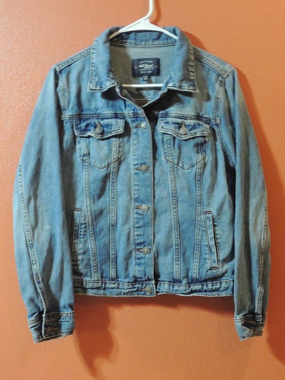 Silver Jean Jacket Woman Medium Blue Pockets Trucker Denim Long Sleeve Jacket